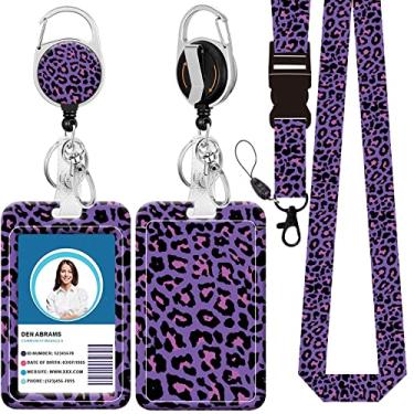 Imagem de Cordão de crachá, suporte retrátil para crachá com mosquetão e clipe de cinto, cordão com fecho de lagosta para porta-crachás, presentes de escritório de enfermeira e professora (BLC-Purple Leopard