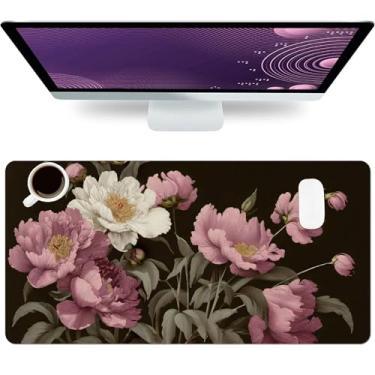 Imagem de Tapete de mouse grande, preto floral para mesa, mulheres, meninas, flores, couro sintético, impermeável, protetor de computador, laptop, mouse pads para jogos, escola, escritório, casa, 69,8 x 35 cm