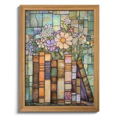 Imagem de Arte de parede de livro vintage texturizado 3D, pintura decorativa de parede de flores silvestres para amantes de livros de vidro colorido, recanto de leitura de livros peculiares, imagem de arenito