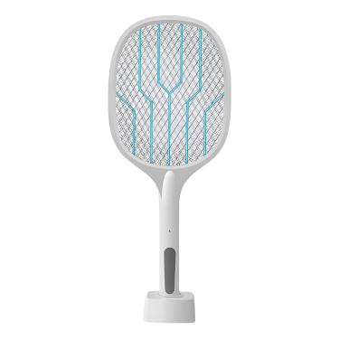 Imagem de Raquete Elétrica Mata Mosquitos com Luz UV, Recarregável USB 1200mAh, 3000V, Branco, 57.8cm, com Base e Cabo