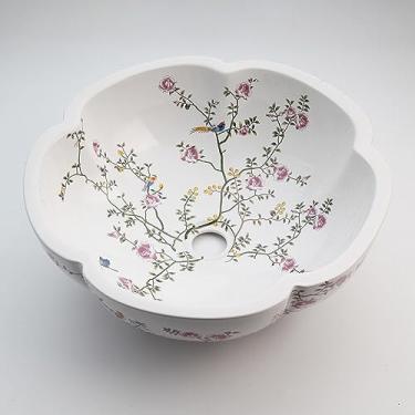Imagem de Bacia de cerâmica com design de flores de primavera, conjunto de pia de banheiro, torneira misturadora de água de latão antigo com ralo pop-up (apenas bacia)