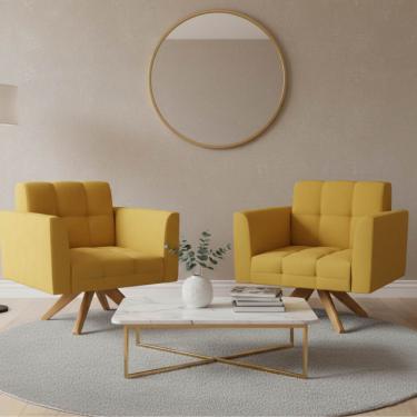 Imagem de Poltrona Sala Decorativa Kit 2 Elisa Giratória Castanho MA30 Veludo Mostarda D03 - D'Rossi