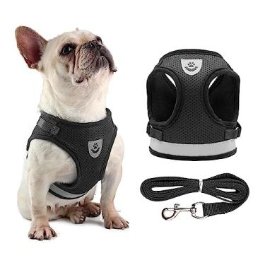 Imagem de Conjunto de Coleira e Guia para Cachorro Reflexivo Malha Ajustável Cães Pequenos Filhotes Gatos Passeio com Fivela Liberação Rápida Fita Fixação Ventilação Ar Seguro Noturno Pet