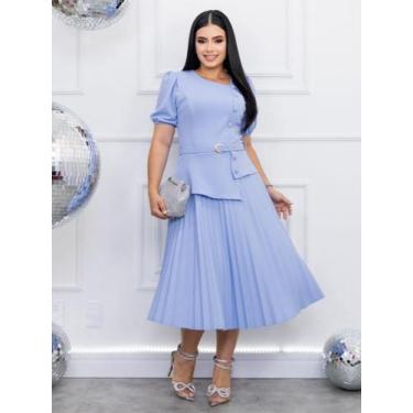 Imagem de Vestido Midi Soltinho Rodado Moda Evangélica Decote Quadrado com Cinto