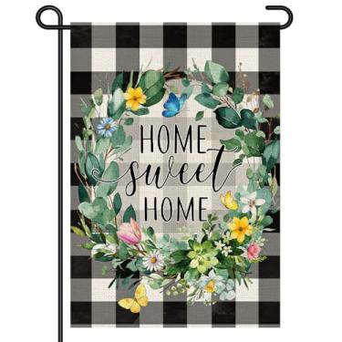 Imagem de Home Sweet Home Bandeira de jardim primavera 30,5 x 45,7 cm, grinalda floral xadrez búfalo decoração de quintal ao ar livre, dupla face, varanda, pátio, jardim, letreiro pequeno DF1112