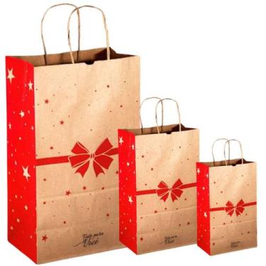 Imagem de Sacola papel kraft presente laço kit com 10 tamanho p m gg - MLBpel