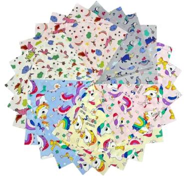 Imagem de DMFR Lindo unicórnio pré-cortado colcha de tecido de algodão quadrados 10 x 10, arco-íris kawaii bebê menina tecido para quilting costura DIY patchwork boneca pano, camada de tecido de bolo acolchoado