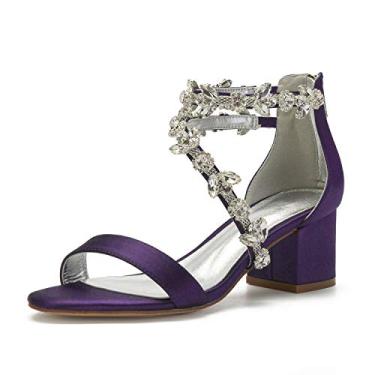 Imagem de Hyinlays Sandália feminina de salto grosso de cristal para noiva, bico aberto, formal, vestido de festa, sapato de salto baixo, Roxo escuro, 38