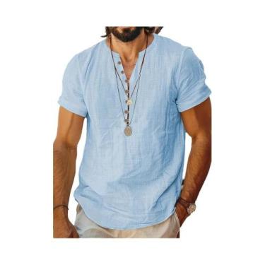 Imagem de Camiseta Masculina De Algodão E Linho Respirável De Manga Curta, Casua