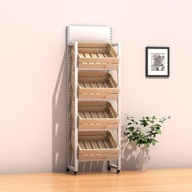 Imagem de Rack de exibição de lanche de 4 níveis - Unidade de prateleira de madeira de pinho para armazenamento de varejo e cozinha - Suporte alto de chip de concessão (preto/marrom)