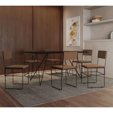 Imagem de Mesa Jantar Retangular Industrial Trama 1,50x0,90m Preta Com 6 Cadeiras Estofadas Marrom E Preta Vit Preto
