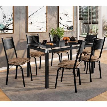 Imagem de Conjunto Mesa De Jantar Com 6 Cadeiras 151 Malva Tampo Vidro 140cm Sf Preto Assento Rattan - Combo Stock
