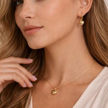 Imagem de Conjunto de Colar e Brinco Argolinha Coração Aço Inox 316L