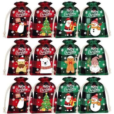 Imagem de Sacos de doces, algodão xadrez, linho, cordão, Natal x12 - yiweisai