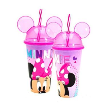 Imagem de Copo Infantil Minnie Rosa Com Orelha e Canudo 500ml Plasútil