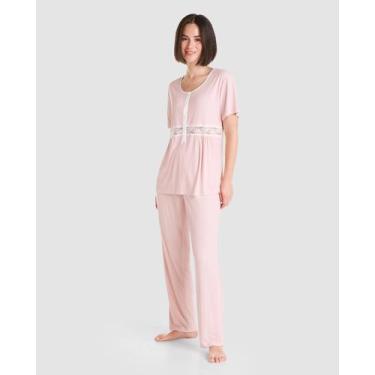 Imagem de Pijama Feminino Longo Canelado com Renda Rosa Lohe, Rosa, P