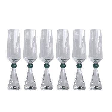 Imagem de Conjunto 6 Taças Diamond Para Champanhe Vidro com Base de Cristal Verde 305ml BJ0032 BTC