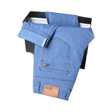 Imagem de Calças Jeans Masculinas Azuis Em Denim Stretch Leves E Retas De Algodã