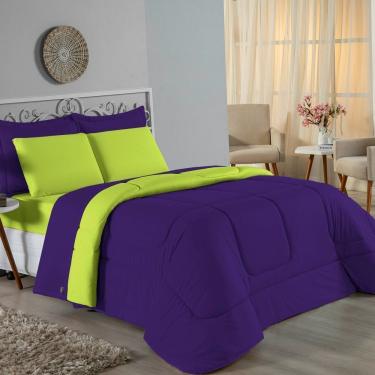 Imagem de Kit Edredom Dupla Face + Jogo De Lençol Queen Nobre 7 Peças Malha 100% Algodão - Roxo /...