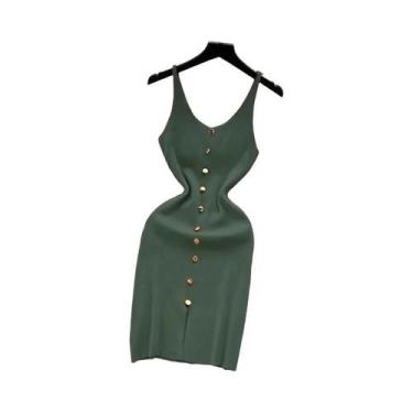 Imagem de Vestido Feminino Bodycon De Malha Com Alça Fina E Fenda, Botões Fronta