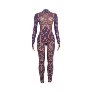 Imagem de Macacão Feminino Sexy Com Estampa Fashion, Gola Alta, Manga Longa, Tra