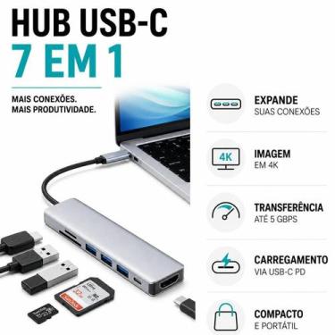 Imagem de Hub USB-C 7 em 1 Portátil com HDMI SD MicroSD e USB 3.0 - Adaptador US