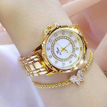 Imagem de Relógio de moda feminino com caixa de metal pulseira analógico relógio de pulso brilhante diamante quartzo ouro
