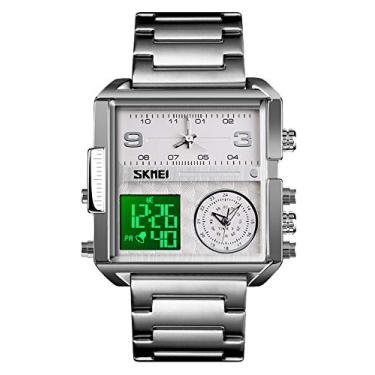 Imagem de Relógios de quartzo digital para homens com cronógrafo triplo de LED, alarme de calendário, aço inoxidável, ouro rosa, relógio de pulso, Tendência, Prata