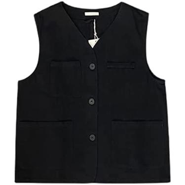 Imagem de KRASS Colete casual masculino colete de algodão ao ar livre casual viagem/à prova de vento forrado de lã sem mangas jaqueta colete de safari de trabalho com peito único, preto, XG, Collector88