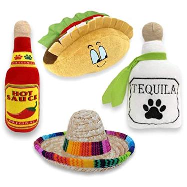 Imagem de Baja Ponchos Pacote com 4 Brinquedos de Mastigar para Cães Fiesta - Brinquedos de Pelúcia Mexicanos - Taco, Tequila, Molho Picante