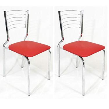 Imagem de Kit 2 Cadeiras Empilhável de Cozinha Cromada Assento Vermelho Pé em tubo 20x20 - Poltronas do Sul