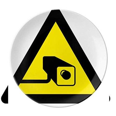 Imagem de Símbolo de aviso amarelo preto câmera triângulo placa decorativa porcelana salver talheres jantar prato