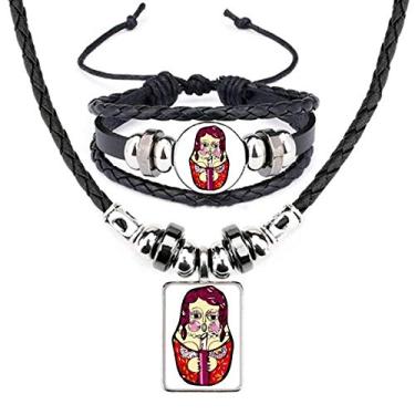 Imagem de Conjunto de joias de pulseira de couro feminino com bonecas russas da Rússia