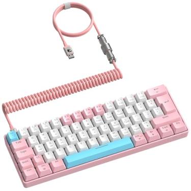 Imagem de ZIYOU LANG RK-T60 Teclado Mecânico Com Fio Mini Portátil com Arco-íris Retroiluminado 62Key ABS Keycaps Anti-Ghosting Design Ergonômico Coiled Aviator Cabo para PS4/PC/WIN Gamer(Rosa/Azul Switch)