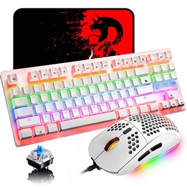 Imagem de LexonElec Teclado mecânico para jogos K2, mini interruptor azul, 82 teclas, teclado retroiluminado por LED, arco-íris e LED, leve para jogos, 6400DPI Honeycomb óptico para jogadores Mac PC (branco)