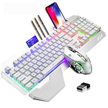 Imagem de Teclado e mouse para jogos sem fio, teclado recarregável com retroiluminação RGB com painel de metal de bateria de 5000 mAh, teclado mecânico removível para descanso de mãos e mouse mudo de 7 cores