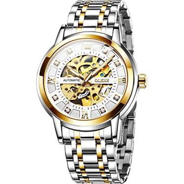Imagem de OLEVS Relógios de pulso masculinos automáticos automáticos Gold Skeleton com corda automática, vestido luxuoso, diamante, aço inoxidável, à prova d'água, luminoso, Mostrador prateado, Mecânico