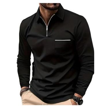 Imagem de Camisa polo masculina cor sólida bolso frontal zíper pulôver gola larga manga longa, Preto, 3G