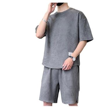 Imagem de Conjunto masculino de camurça, cor sólida, 2 peças, camisa polo atlética, ombros caídos, Cinza, 3X-Large