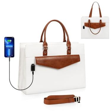 Imagem de Bolsa para laptop feminina, bolsa de laptop de 17 polegadas bolsa de couro impermeável para computador, bolsa de trabalho grande com porta de carregamento USB, pasta feminina para laptop bolsa de mão de escritório de negócios, bolsa de ombro de trabalho, branca