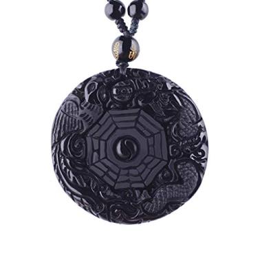 Imagem de Colar de contas de obsidiana preta dragão fênix pingente Yin e Yang Fengshui cinco elementos, Pedra, Obsidiana