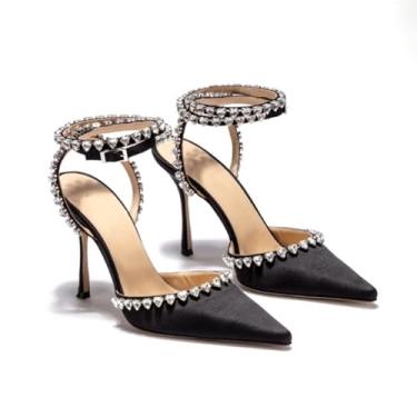 Imagem de Wwhe0514rlq Couro genuíno Love Strass, salto alto francês com tiras pontiagudas e sandálias de seda elegantes com salto fino, Preto, US7 EU39