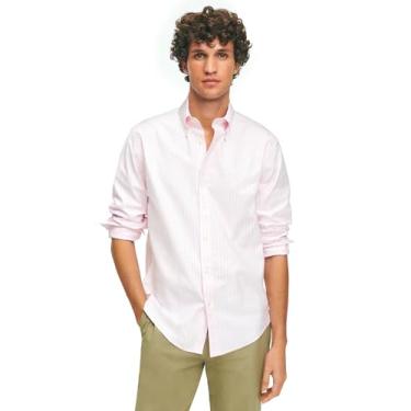 Imagem de Brooks Brothers Camisa esportiva masculina listrada de manga comprida Oxford não precisa passar a ferro, rosa, P