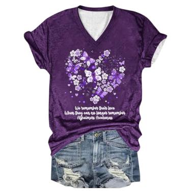 Imagem de Camiseta feminina de conscientização de Alzheimers, gola V, manga curta, estampa floral, borboleta, verão, casual, solta, túnica, Roxa, M