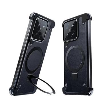Imagem de Capa de telefone sem moldura magnética de metal com suporte para capa de telefone para Xiaomi 14/14 Pro Bazel-Less Phone Case, couro preto, para Xiaomi 14 Pro