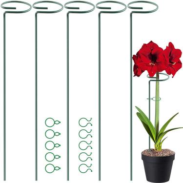 Imagem de HiGift Pacote com 5 estacas de suporte de plantas, haste única de jardim, suporte de flor de metal, amarílis, anéis de suporte de gaiola de plantas com 10 clipes de plantas para caule de orquídea