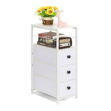 Imagem de MOOACE Cômoda estreita para banheiro, armário de armazenamento fino, cômoda de 3 gavetas de tecido com prateleira de madeira, torre organizadora de quarto para pequenos espaços, armário, lavanderia,