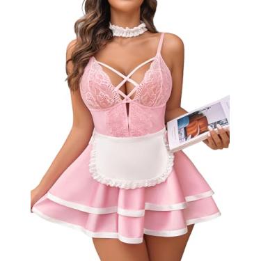 Imagem de Avidlove Lingerie de empregada sexy para mulheres, roupa de Halloween, fantasia de empregada francesa, babydoll, lingerie, vestido cosplay, rosa, G