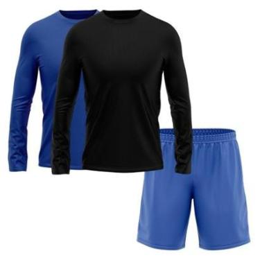 Imagem de Kit Short Azul + 2 Camisetas Masculina Manga Longa Segunda Pele Esporte Treino-Masculino