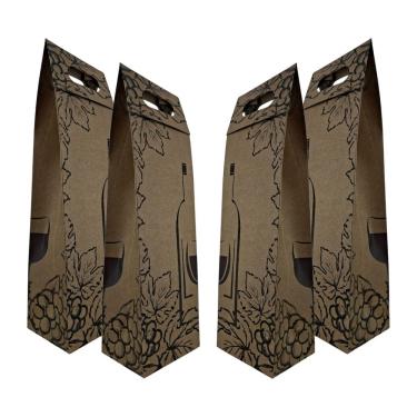 Imagem de Kit 4 Sacolas Garrafa Vinho Champagne Reforçada Kraft 220g/m Pardo